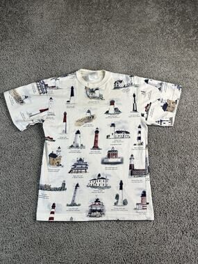 VINTAGE Art Unlimited Shirt Mens Small White Lighthouse Graphic All Over USA 90s